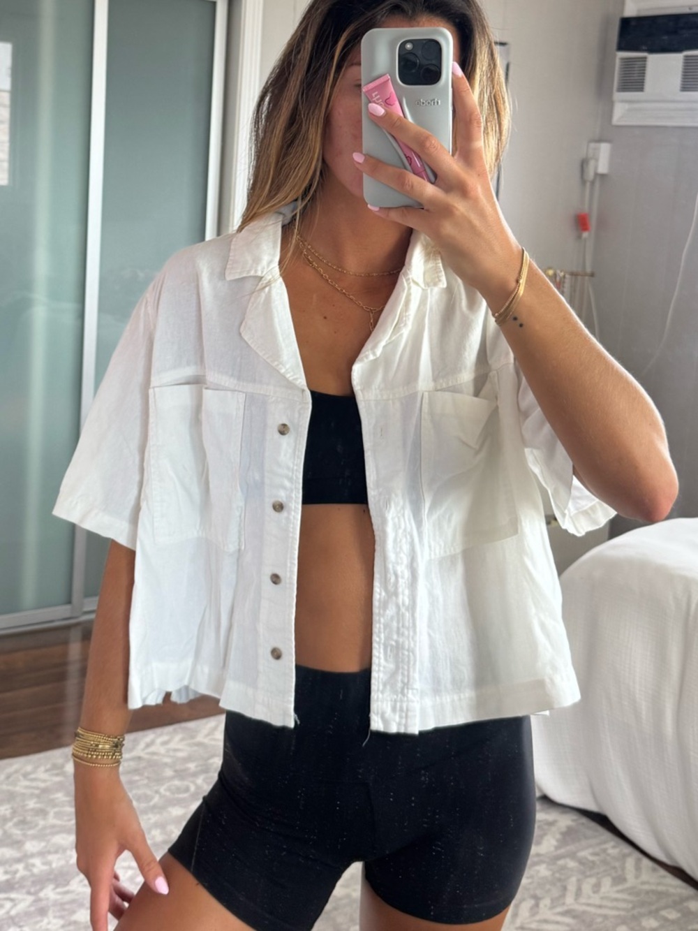 White Short Sleeve Button Down Crop Shirt